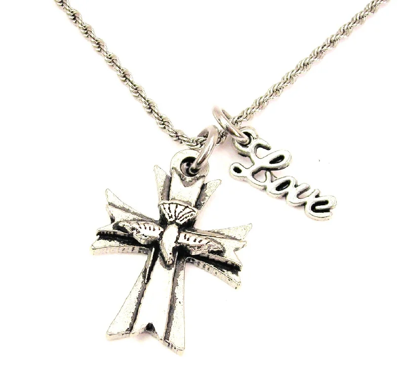 Long Silver Necklace-Diving Dove Cross 20" Chain Necklace With Cursive Love Accent