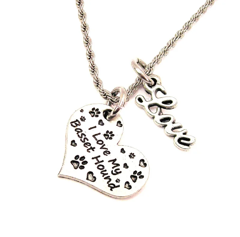 Charm Necklace for Women-I Love My Basset Hound 20" Chain Necklace With Cursive Love Accent