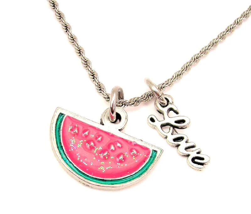 Vintage Gold Necklace-Summer Watermelon Slice Hand Painted Epoxy 20" Chain Necklace With Cursive Love Accent