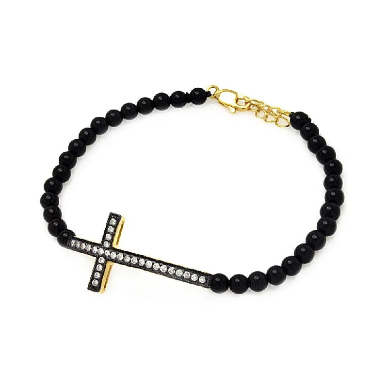 Adjustable Gemstone Bracelet-Wholesale Sterling Silver 925  Gold Plated Sideways Cross CZ Black Bead Bracelet - BGB00121