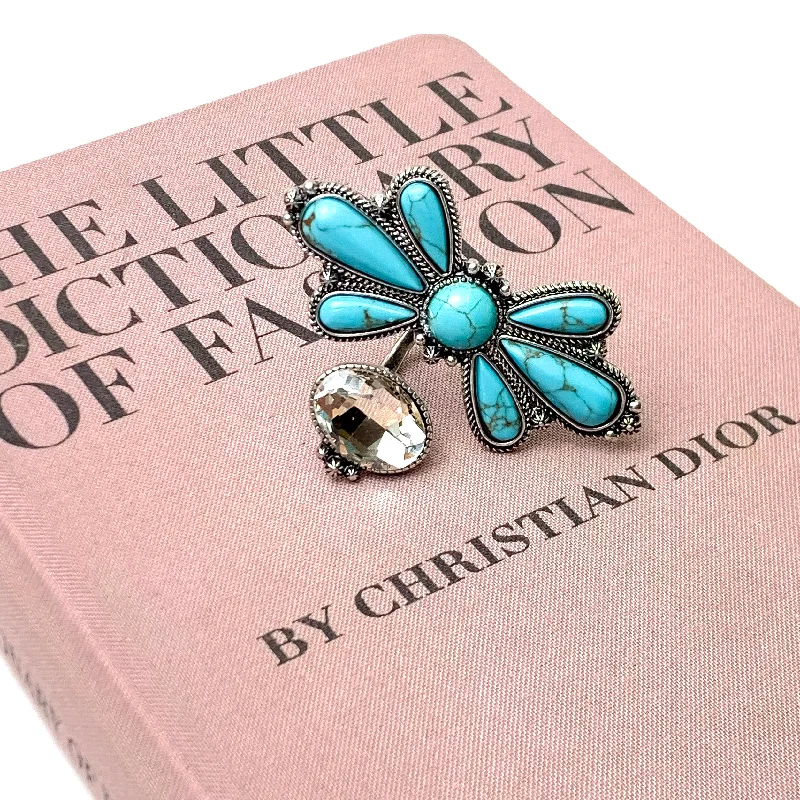 Custom Gemstone Ring-Western Faux Turquoise Butterfly Concho and Clear Crystal Cuff Ring