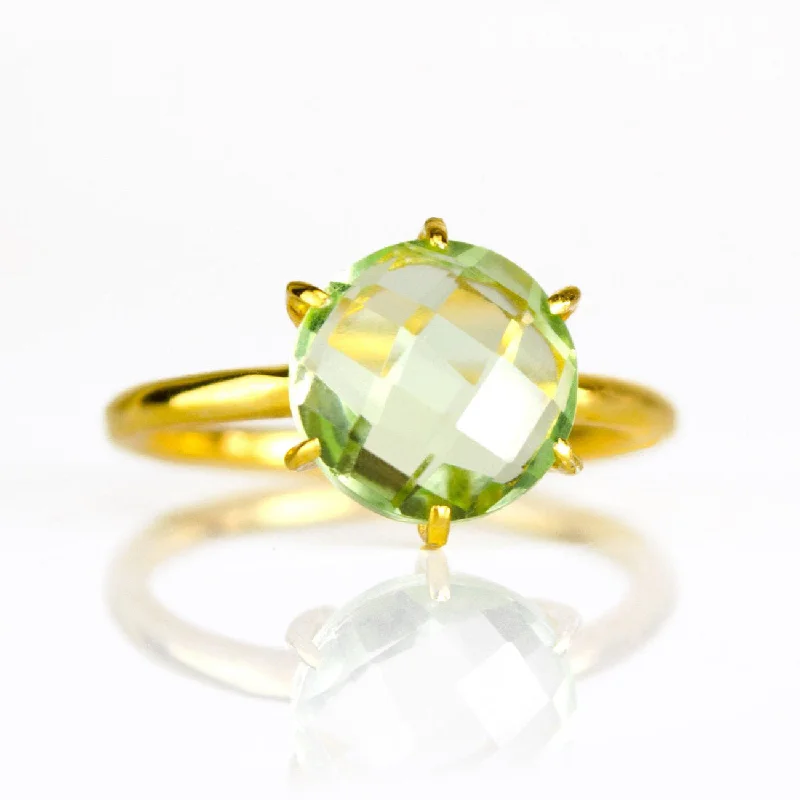 Adjustable Gold Ring-Green Amethyst Round Prong Set Ring - February Birthstone