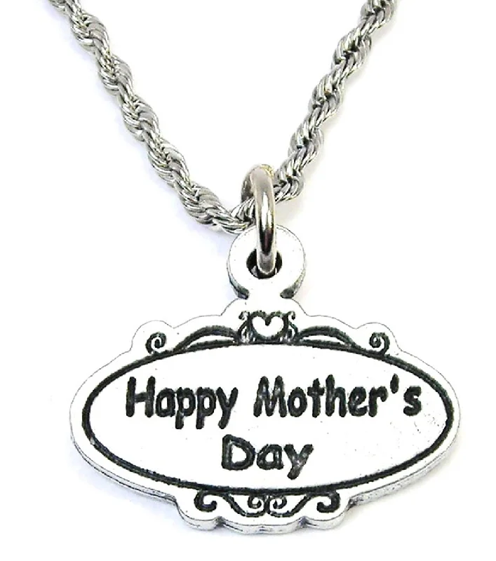 Vintage Pearl Necklace-Happy Mother's Day Scrolled Oval Plaque Single Charm Necklace