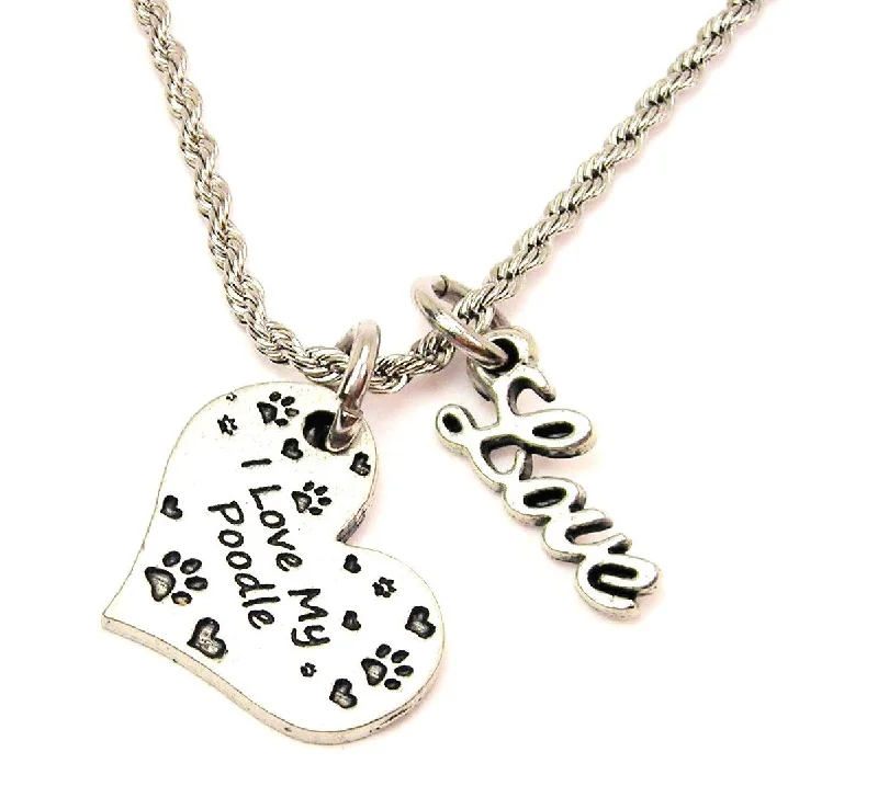 Crystal Pendant Necklace-I Love My Poodle 20" Chain Necklace With Cursive Love Accent