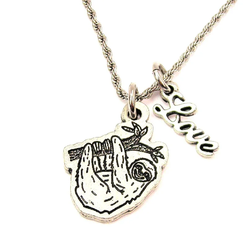 Adjustable Necklace-Sloth Hanging Around 20" Chain Necklace With Cursive Love Accent