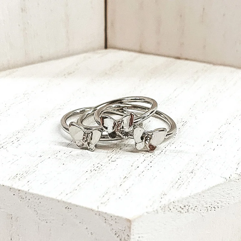 Customizable Gold Ring-Set of 3 | Butterfly Ring Set in Silver Tone