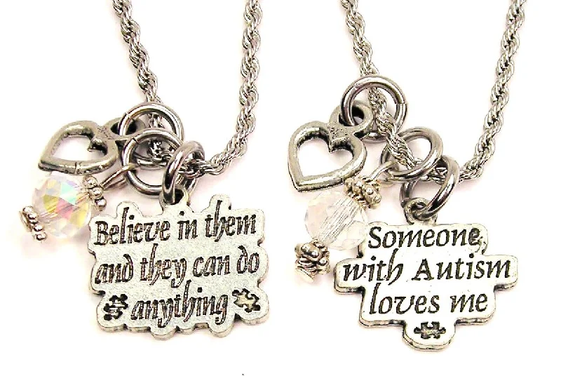 Personalized Pendant Necklace-Someone With Autism Loves Me Set Of 2 Rope Chain Necklaces