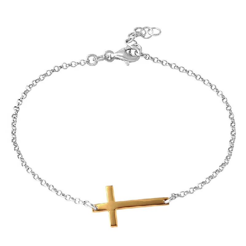 Chunky Silver Bracelet-Silver 925 Rhodium Plated Italian Rolo Chain with Gold Plated Cross Bracelet - ARB00020RH-GP