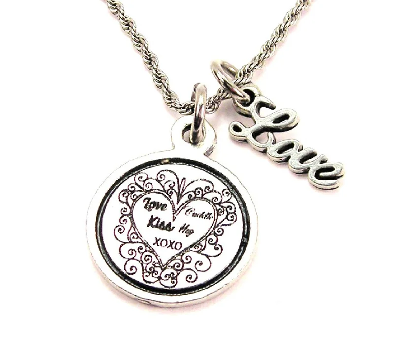 Long Chain Necklace-Love Cuddle Kiss Hug Xoxo 20" Chain Necklace With Cursive Love Accent