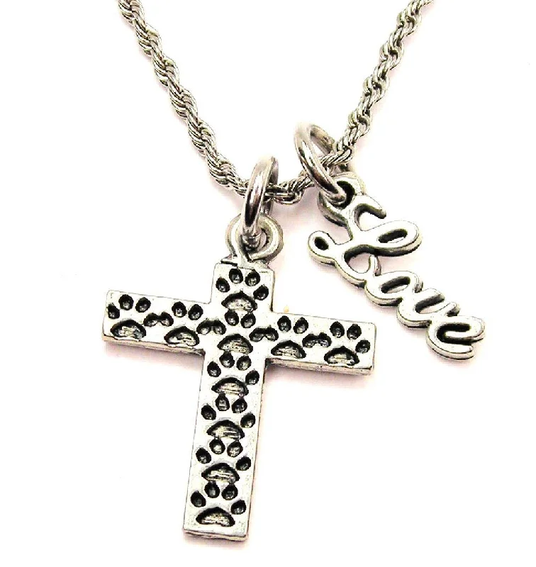 Crystal Pendant Necklace-Paw Print Cross 20" Chain Necklace With Cursive Love Accent