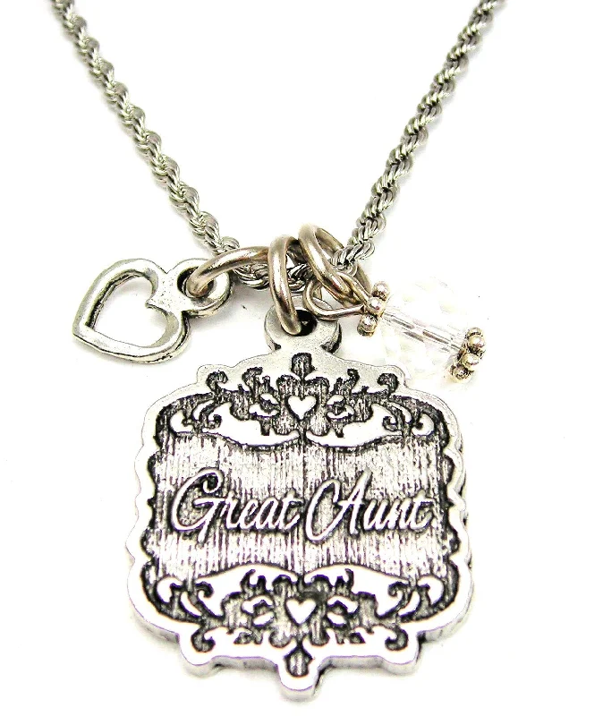 Unique Design Necklace-Great Aunt Victorian Scroll With With Open Heart And Crystal 20" Stainless Steel Rope Necklace