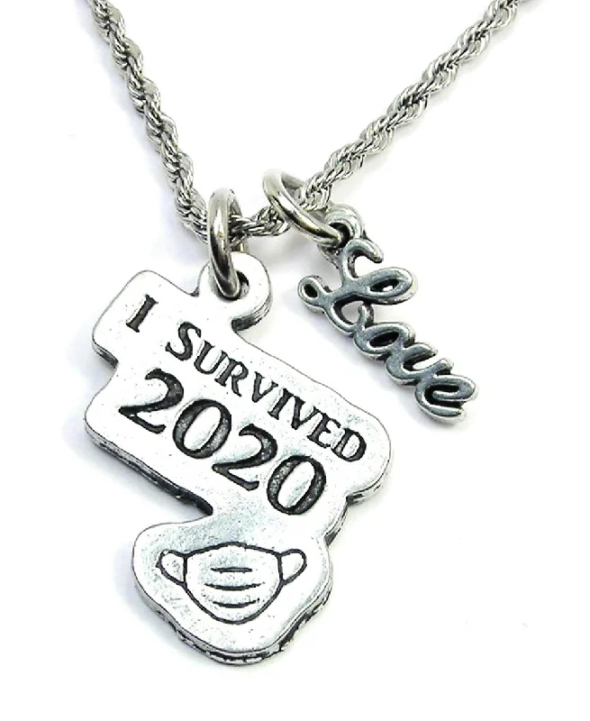 Blue Gem Necklace-I Survived 2020 With Mask 20" Rope Necklace With Love