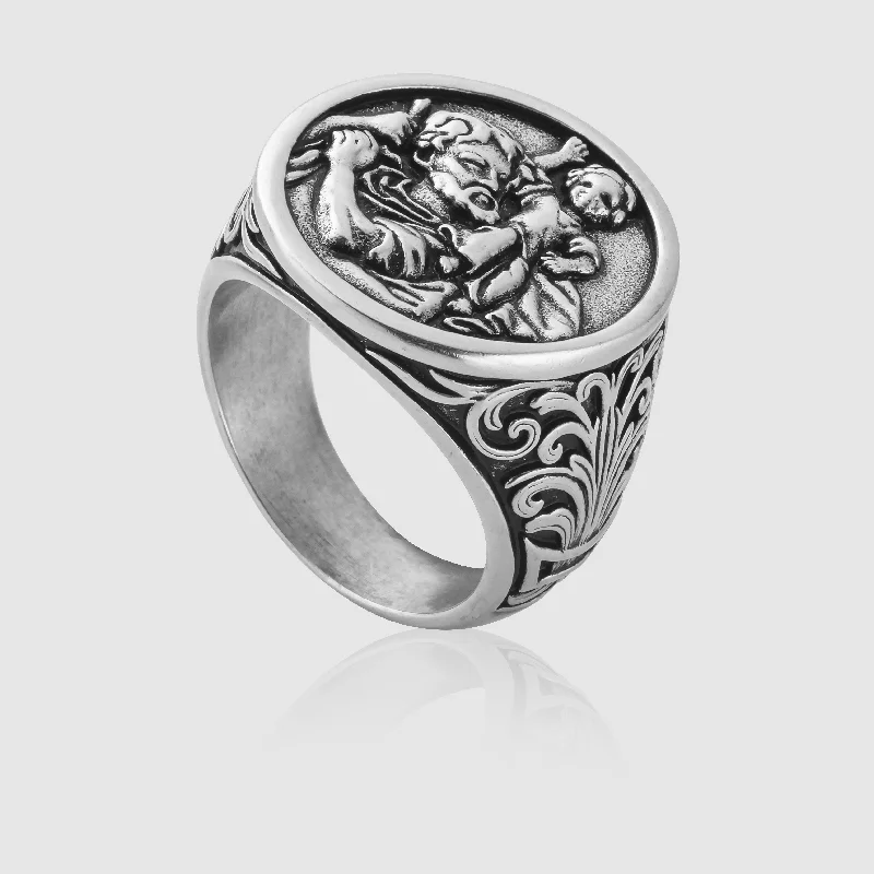 Wedding Ring with Sapphire Stones-St. Christopher Ring (Silver)