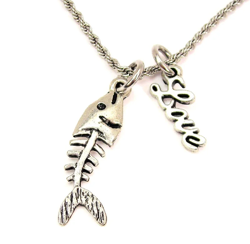 Sterling Silver Pendant Necklace-Fish Bones 20" Chain Necklace With Cursive Love Accent