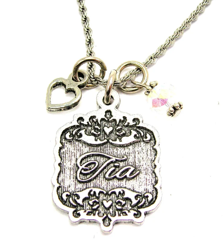 Personalized Necklace for Gift-Tia Victorian Scroll With Open Heart And Crystal 20" Stainless Steel Rope Necklace