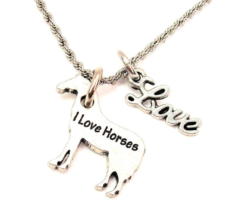 Trendy Choker Necklace-I Love Horses 20" Chain Necklace With Cursive Love Accent