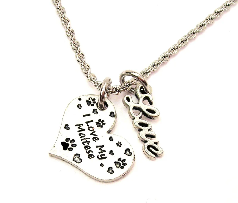 Heart Pendant Necklace for Women-I Love My Maltese 20" Chain Necklace With Cursive Love Accent