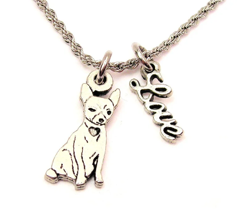 Classic Diamond Necklace-Sitting Chihuahua 20" Chain Necklace With Cursive Love Accent