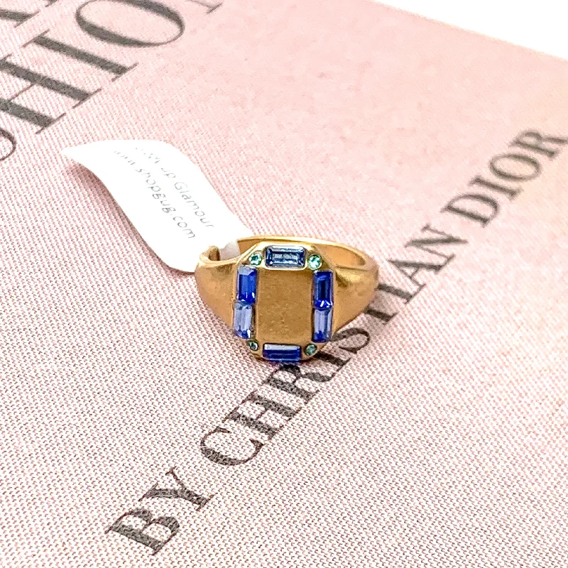 Wedding Ring with Eternity Band-Gold Tone Rectangle Shaped Ring with Mix of Blue Outline Crystals