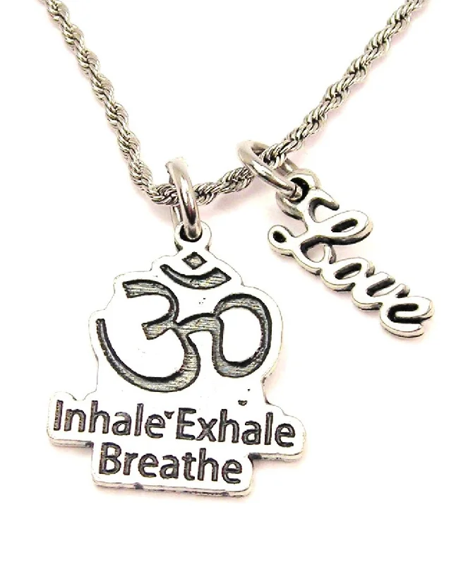 Simple Silver Pendant Necklace-Inhale Exhale Breathe 20" Chain Necklace With Cursive Love Accent