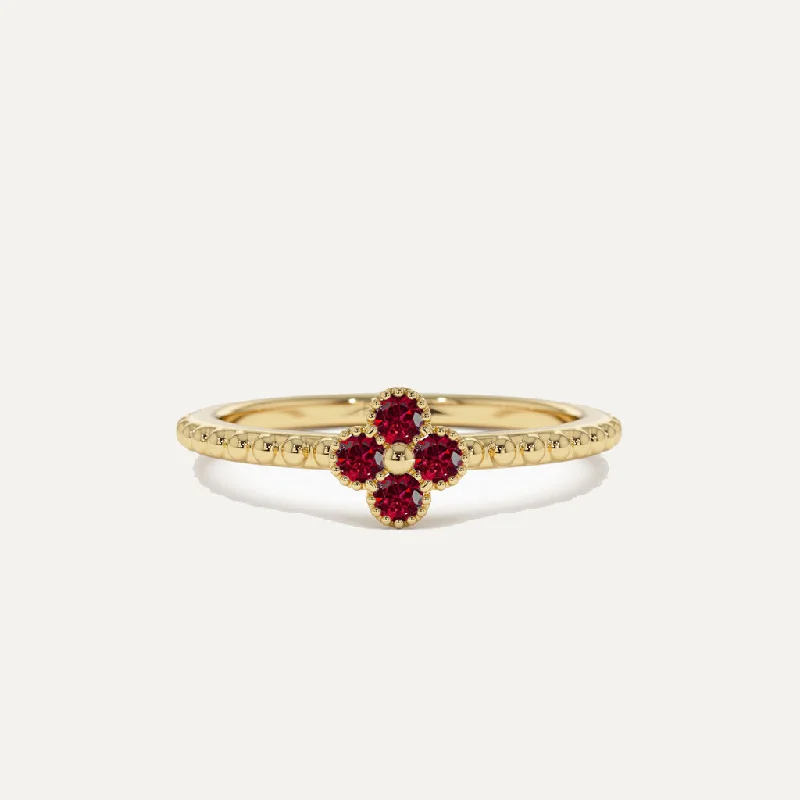 Silver Wedding Band for Women-18K Gold Clover Ruby Ring