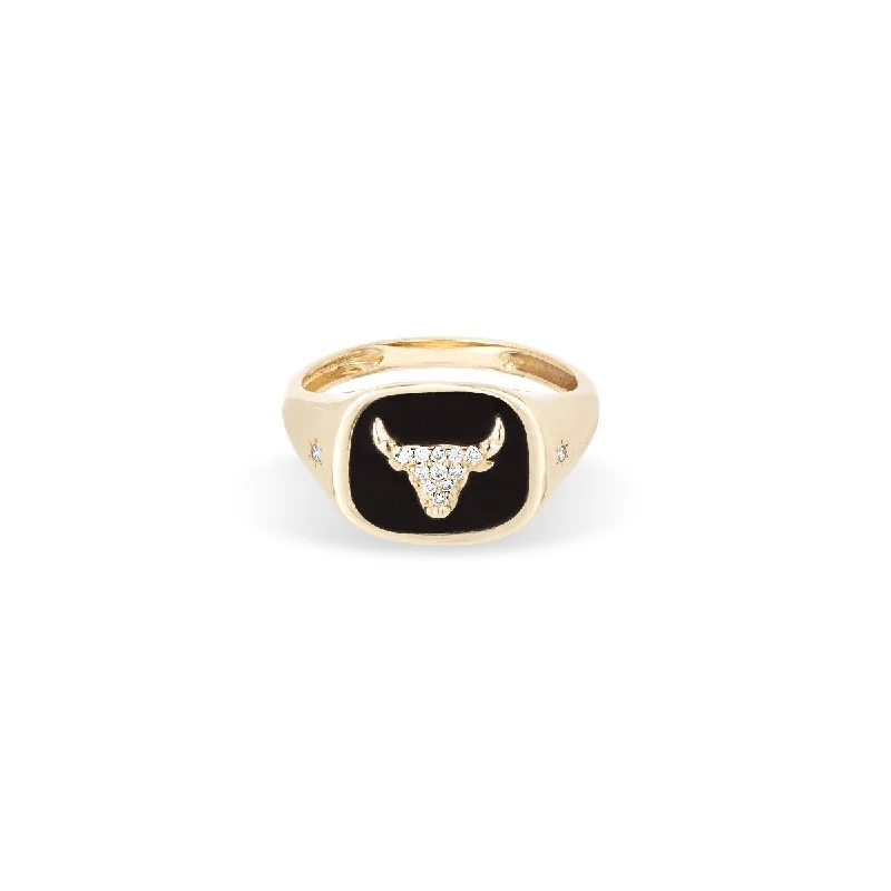 Simple Gold Wedding Ring-Zodiac Ceramic + Diamond Taurus Signet Ring