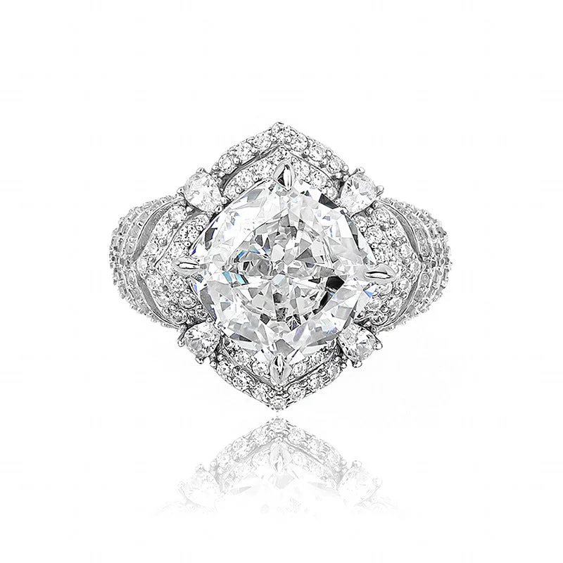 Princess Cut Engagement Ring-Exquisite Sterling Silver Cushion-Cut Diamond Halo Ring with Pave Band