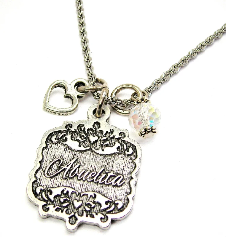 Boho Style Necklace-Abuelita Victorian Scroll With Open Heart And Crystal 20" Stainless Steel Rope Necklace