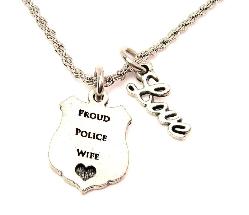 Contemporary Necklace for Women-Proud Police Wife 20" Chain Necklace With Cursive Love Accent