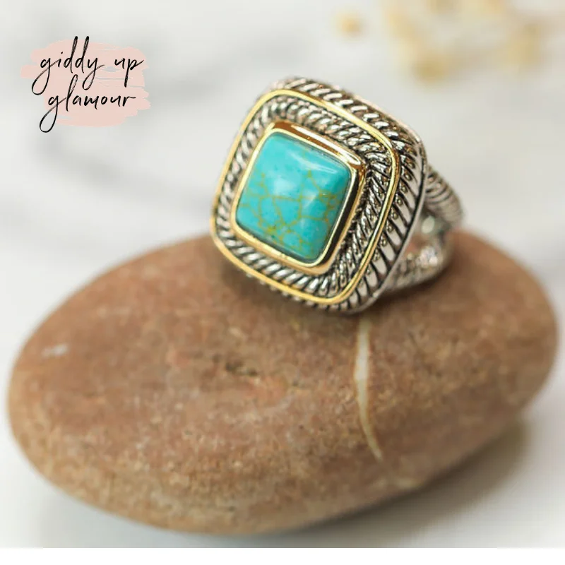 Elegant Wedding Ring Set-Large Two Toned Ring with Turquoise Stone