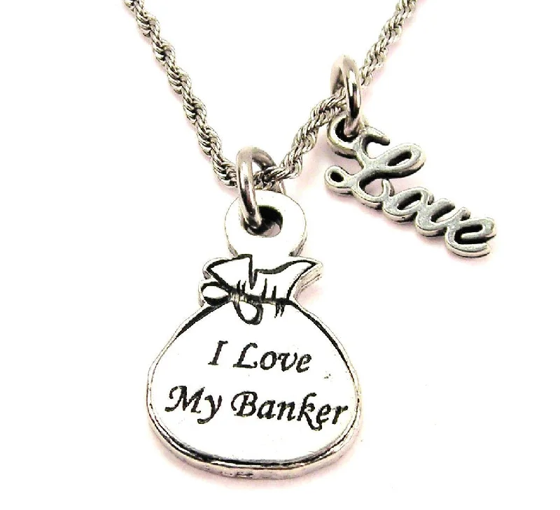 Designer Pearl Necklace-I Love My Banker 20" Chain Necklace With Cursive Love Accent