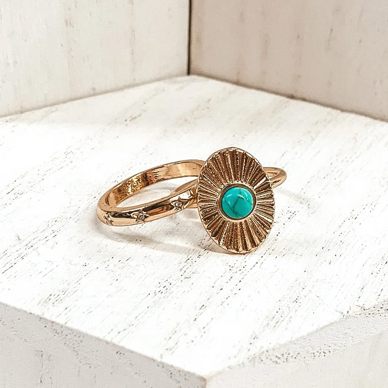 Large Gemstone Ring-Set of 2 | Oval Shaped Sunburst Gold Tone Ring Set with Center Stone in Turquoise