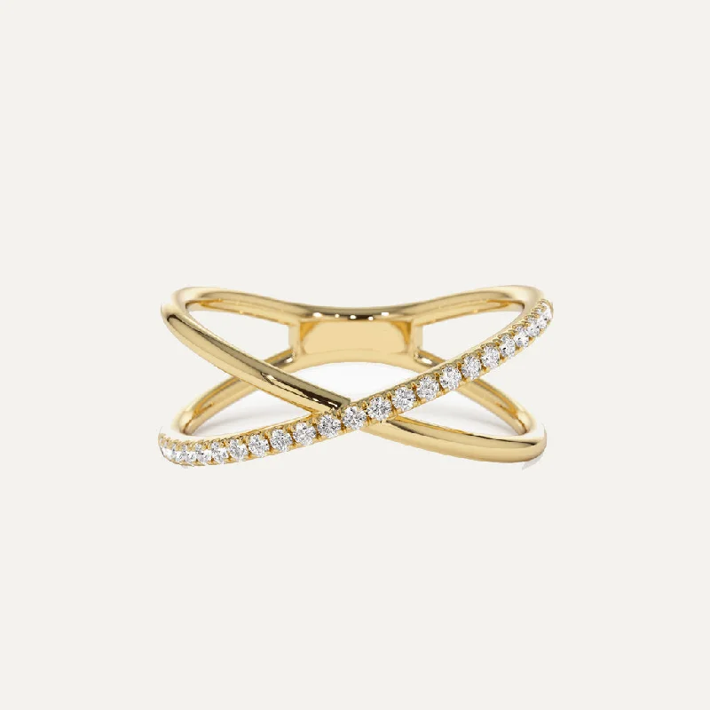 Custom Engraved Ring-18K Gold Crossed Half Diamond Ring