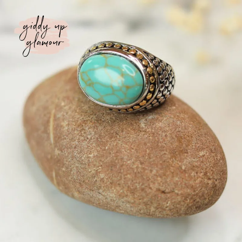 Minimalist Engagement Ring-Two Toned Dome Fashion Ring with Faux Turquoise Stone