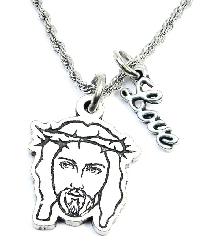 Simple Silver Pendant Necklace-Portrait Of Jesus With Crown Of Thorns 20" Rope Necklace With Love