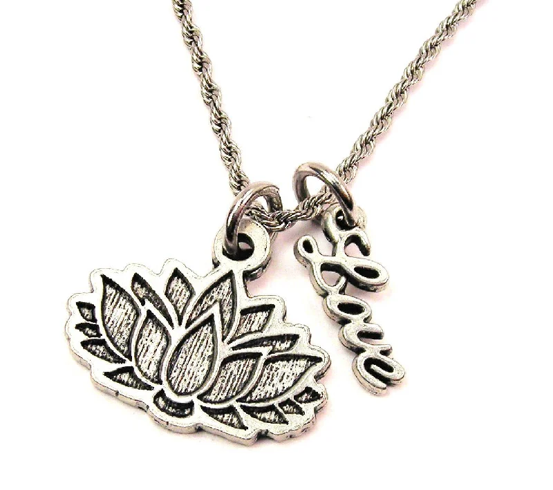 Unique Pendant Necklace-Detailed Lotus Flower 20" Chain Necklace With Cursive Love Accent