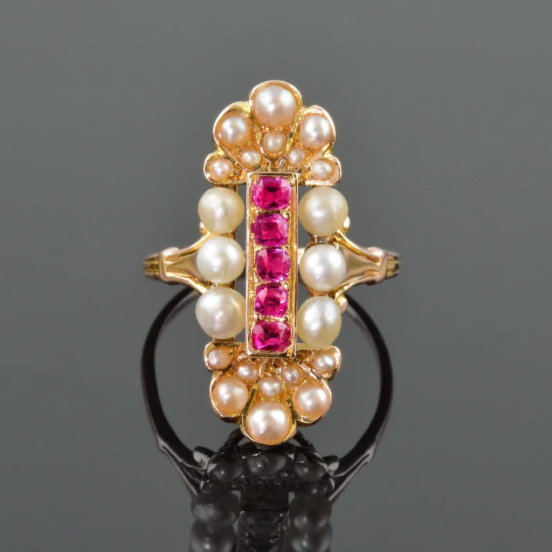 Gold Wedding Ring with Engraving-Exquisite Antique Pearl And Ruby Ring