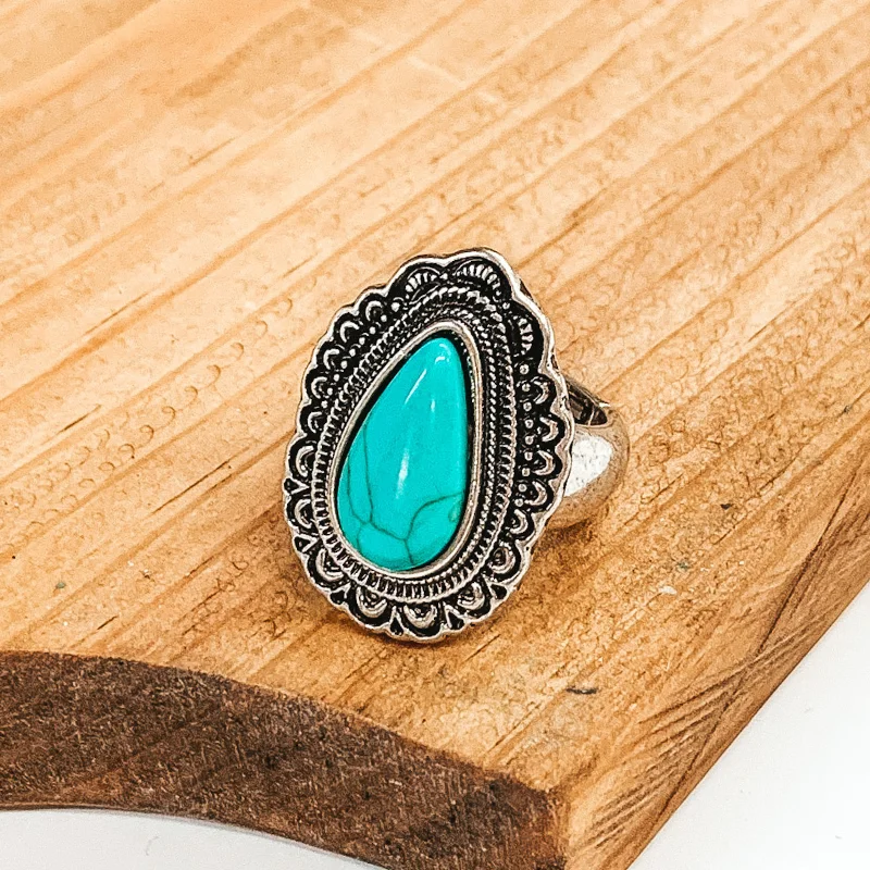 Black Titanium Ring for Men-Western Teardrop Silver Tone Stretch Ring in Turquoise