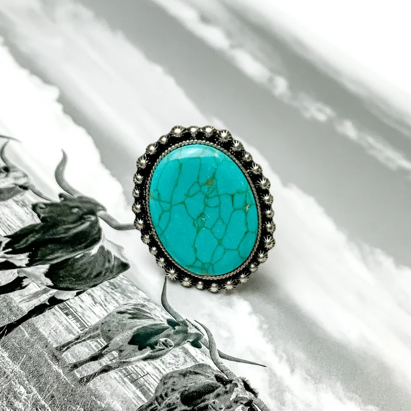 Gold Cocktail Ring-Silver Tone Oval Cuff Ring with Large Faux Stone in Turquoise