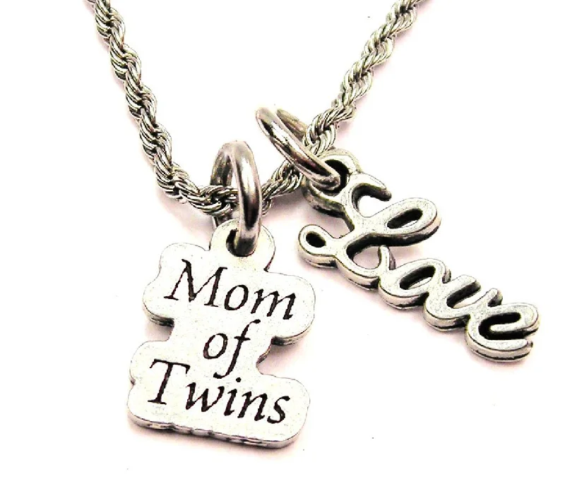 Silver Heart Necklace-Mom Of Twins 20" Chain Necklace With Cursive Love Accent