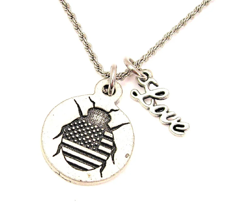 Luxury Gold Necklace-American Flag Lady Bug 20" Chain Necklace With Cursive Love Accent