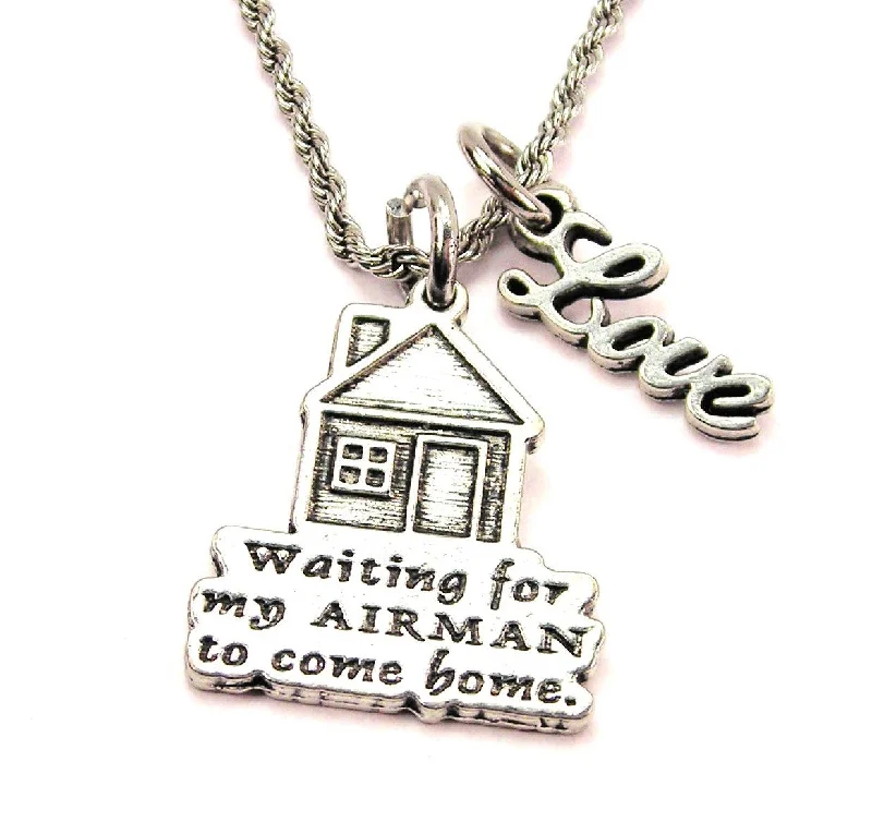 Initial Necklace for Women-Waiting For My Airman To Come Home 20" Chain Necklace With Cursive Love Accent