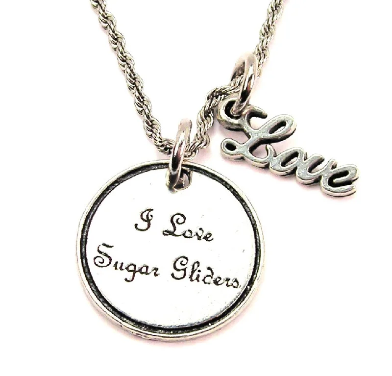 Silver Name Necklace-I Love Sugar Gliders 20" Chain Necklace With Cursive Love Accent