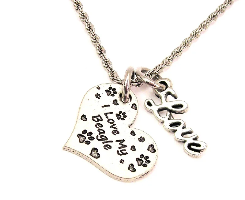 Silver Heart Necklace-I Love My Beagle 20" Chain Necklace With Cursive Love Accent