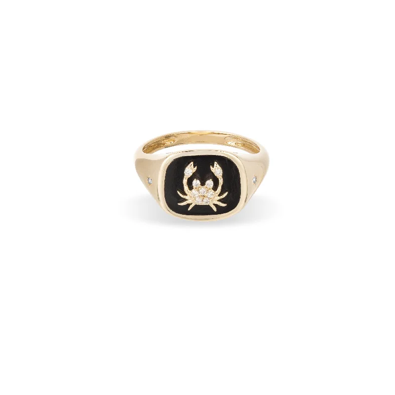 Adjustable Silver Ring-Zodiac Ceramic + Diamond Cancer Signet Ring