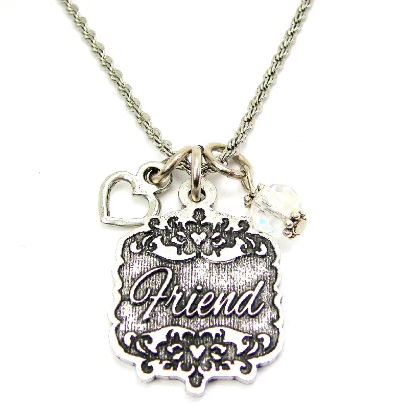 Multi-Layer Necklace-Friend Victorian Scroll With With Open Heart And Crystal 20" Stainless Steel Rope Necklace