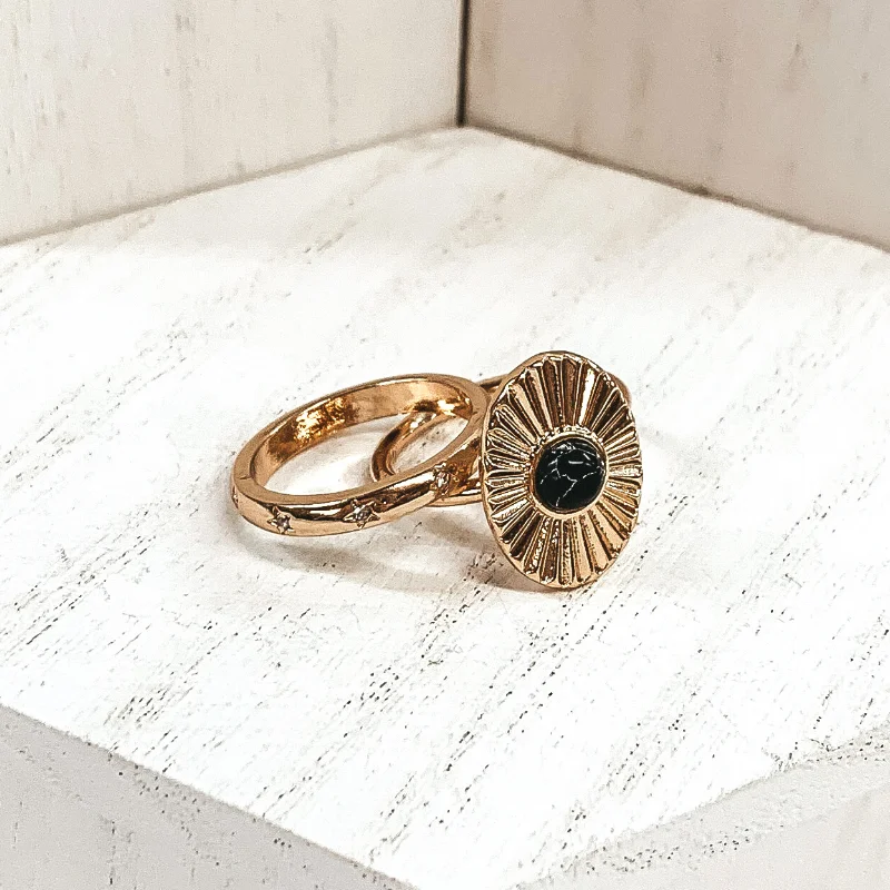 Custom Wedding Ring Set-Set of 2 | Oval Shaped Sunburst Gold Tone Ring Set with Center Stone in Black