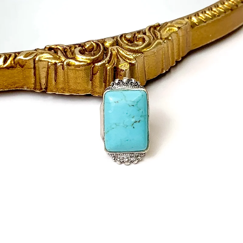 Cushion Cut Engagement Ring-Silver Tone Faux Rectangle Stone Cuff Ring in Turquoise