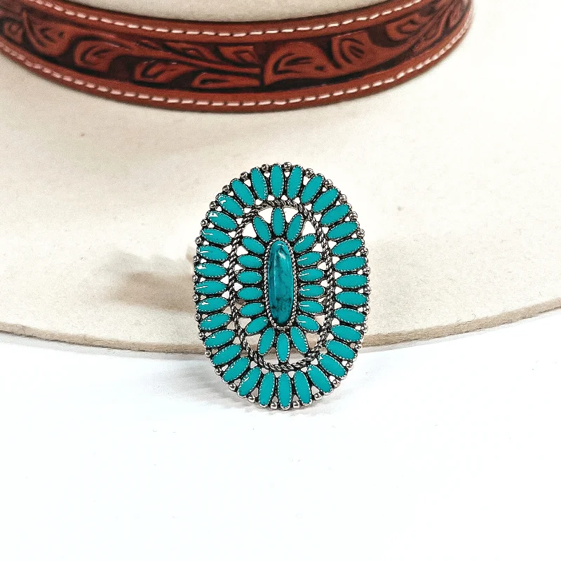 Bold Statement Ring-Oval Faux Turquoise Stone Cluster Ring in Silver Tone