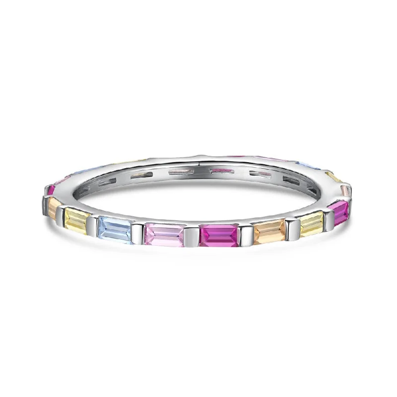 Elegant Wedding Ring Set-Sterling Silver Multicolor Baguette Eternity Band